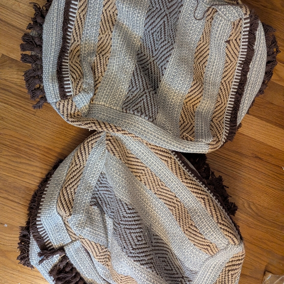 Pouf/ Ottoman Brown And Cream With Fringe - Picture 2 of 5